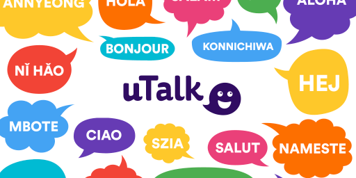 uTalk Logo umringt von Begrüßungsformen in verschiedenen Sprachen