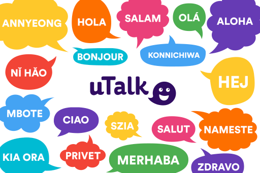 uTalk Logo umringt von Begrüßungsformen in verschiedenen Sprachen
