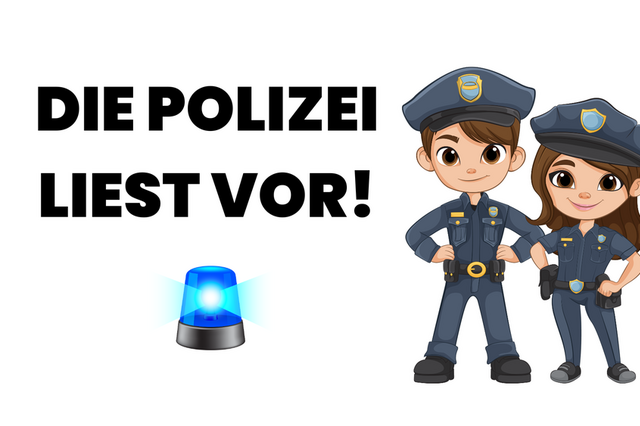 Polizei liest vor, Sirene und Polizist und Polizistin in Uniform