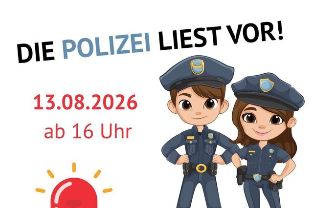 Polizei liest vor, Sirene und Polizist und Polizistin in Uniform