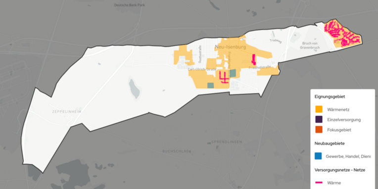 Übersicht über alle definierten Eignungsgebiete für Wärmenetze im Projektgebiet, Neu-Isenburg gesamt