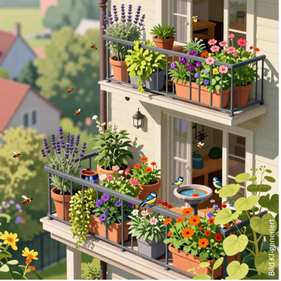 Pflanzen auf einem Balkon mit Vögeln und Insekten, die um die Pflanzen fliegen