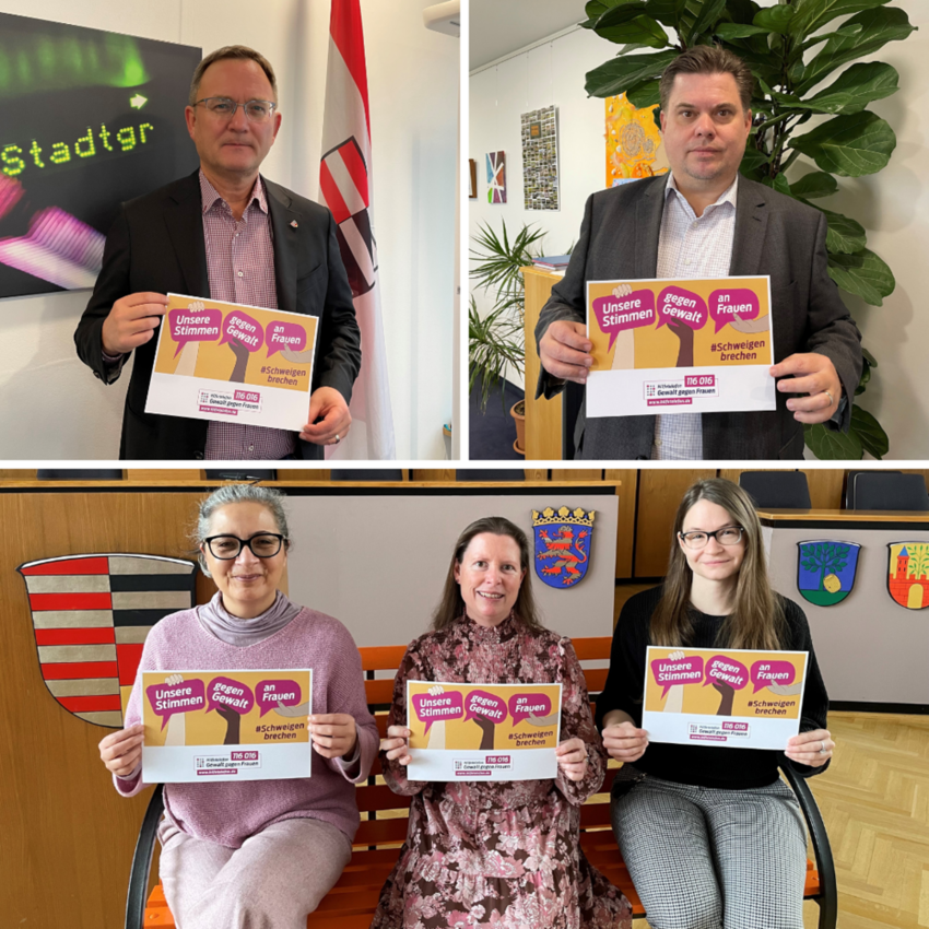 Obere Reihe: Bürgermeister Dirk Gene Hagelstein (l.) und Erster Stadtrat Stefan Schmitt, Untere Reihe vlnr.: Vaiana Dyballa vom Frauen- und Gleichstellungsbüro, Stadtverordnetenvorsteherin Christine Wagner und Anna Held, Frauenbeauftragte der Stadt Neu-Isenburg