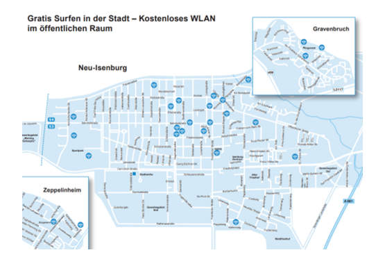 Planübersicht mit den 26 Standorten der kostenlosen WLAN-Hotspots in Neu-Isenburg Stadt, und in den Ortsteilen Gravenbruch und Zeppelinheim