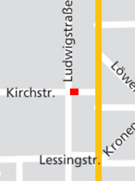 Sperrung im Kreuzungsbereich Kirchstraße _ Ludwigstraße (rote Markierung)