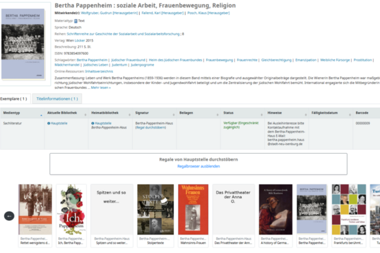 Beispielansicht der Katalogrecherche der Bibliothek des Bertha-Pappenheim-Hauses im des Online-Katalogs der Stadtbibliothek