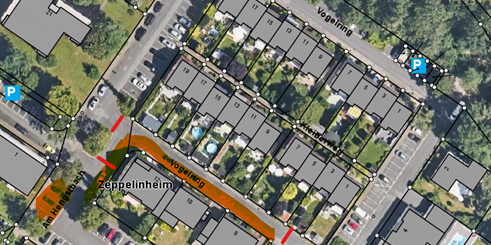 abschnittsweisen Vollsperrung im Bereich Am Vogelring 8 bis zum Einmündungsbereich in die Straße Am Hengstbach (rote Markierung im Bild)