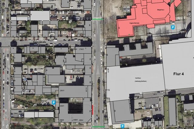 Ausschnitt Stadtplan mit der Sperrung (rote Linie im Bild unten links) in der Frankfurter Straße 181