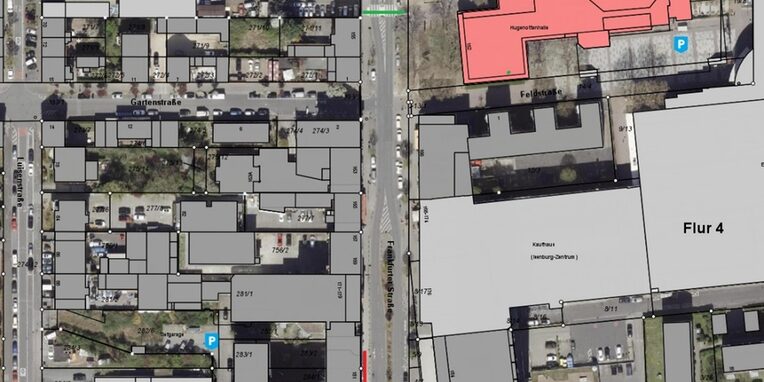 Ausschnitt Stadtplan mit der Sperrung (rote Linie im Bild unten links) in der Frankfurter Straße 181