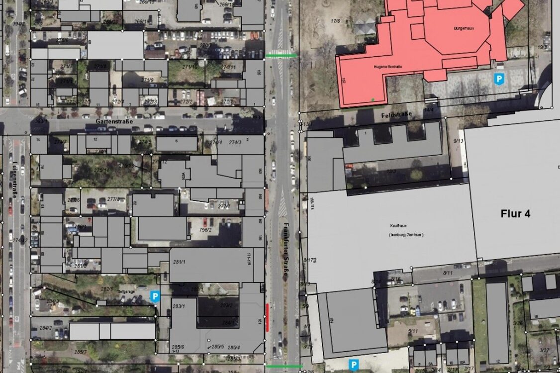 Ausschnitt Stadtplan mit der Sperrung (rote Linie im Bild unten links) in der Frankfurter Straße 181
