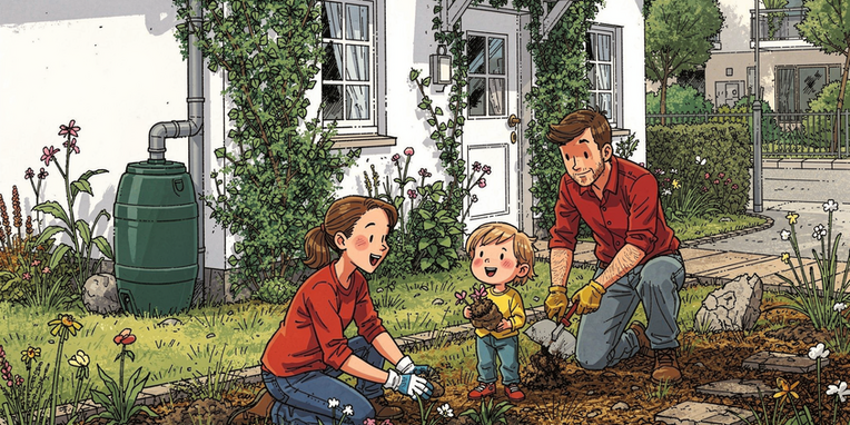 Ein Symbolbild einer kleinen Familie beim Gestalten ihres Gartens