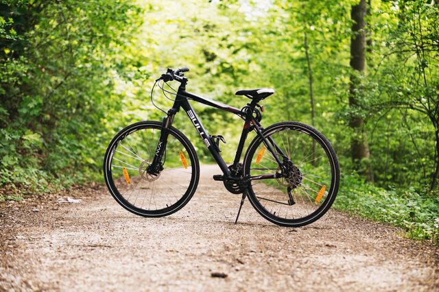 Ein Herrenfahrrad steht auf einer Lichtung im Wald