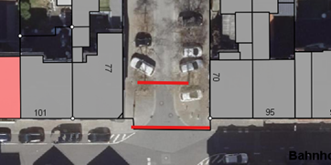 Luftbild Taunusstraße mit Vollsperrung im Bereich der Hausnummer 70 (rote Linie im Luftbild)