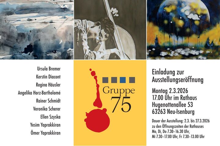 Plakat der Kunstausstellung der GRUPPE 75 für das Jahr 2026 mit ausgewählten Bilder der teilnehmenden Künstler