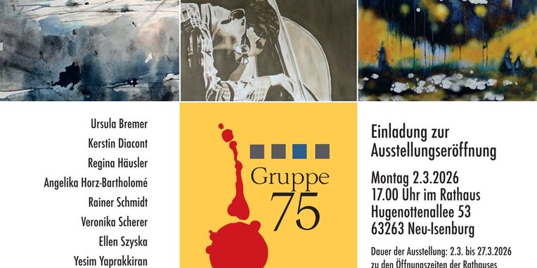 Plakat der Kunstausstellung der GRUPPE 75 für das Jahr 2026 mit ausgewählten Bilder der teilnehmenden Künstler