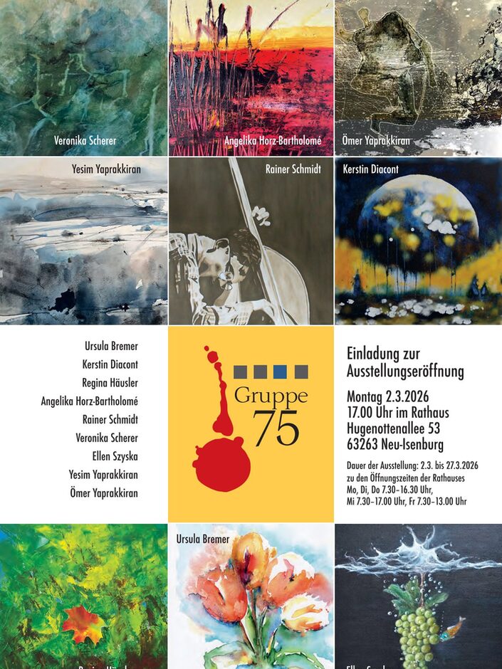 Plakat der Kunstausstellung der GRUPPE 75 für das Jahr 2026 mit ausgewählten Bilder der teilnehmenden Künstler