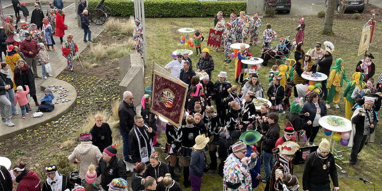 Närrinnen und Narren auf der Wiese vor dem Rathaus - Rathaussturm 2025