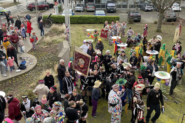 Närrinnen und Narren auf der Wiese vor dem Rathaus - Rathaussturm 2025
