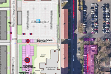 Parkplatzsperrungen auf dem Wilhelmsplatz und in der Richard-Wagner-Straße am 6. Februar (rote Linien)