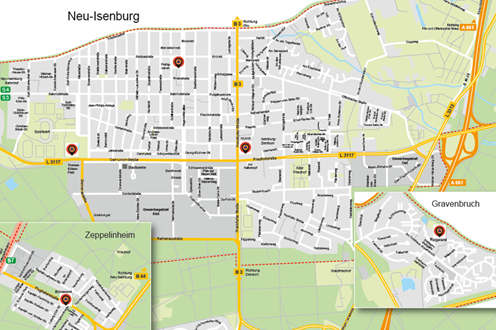 Stadtplan mit Standorten der KatastrophenSchutz Leuchttürmen