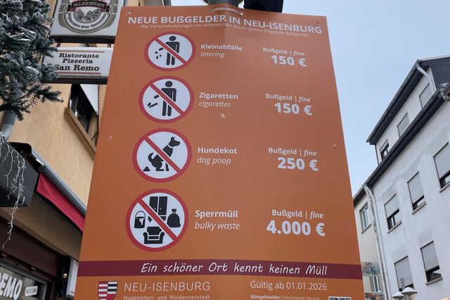 Ein Plakat in der Fußgängerzone mit den verschiedenen Bußgeldern, die bei den genannten Ordnungswidrigkeiten zu zahlen sind