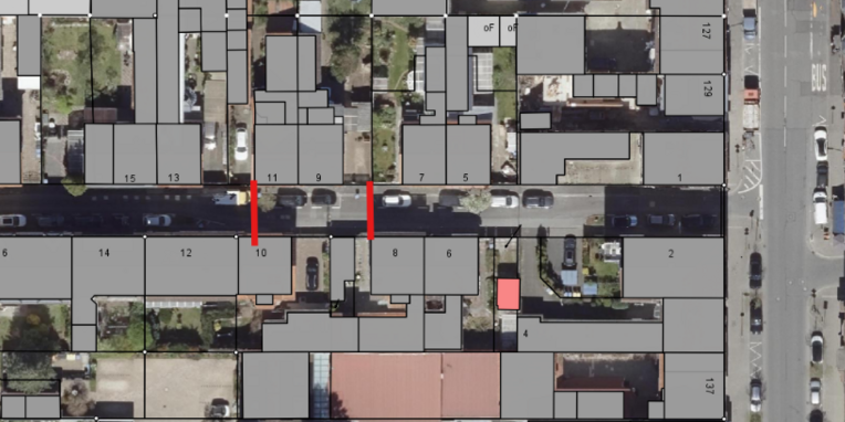 Vollsperrung Schützenstraße zwischen Luisenstraße und Frankfurter Straße (rote Markierung im Luftbild)