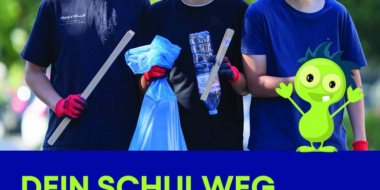 farbiges blau/grünes Plakat mit 3 jungen Schülern symbolisieren den Schulweg der Zukunft