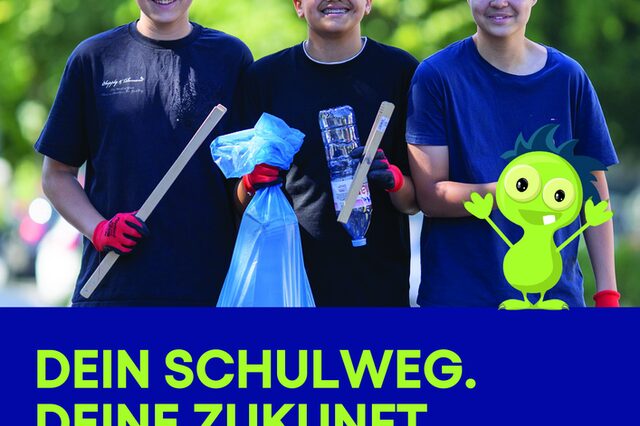 farbiges blau/grünes Plakat mit 3 jungen Schülern symbolisieren den Schulweg der Zukunft