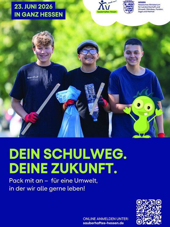 farbiges blau/grünes Plakat mit 3 jungen Schülern symbolisieren den Schulweg der Zukunft