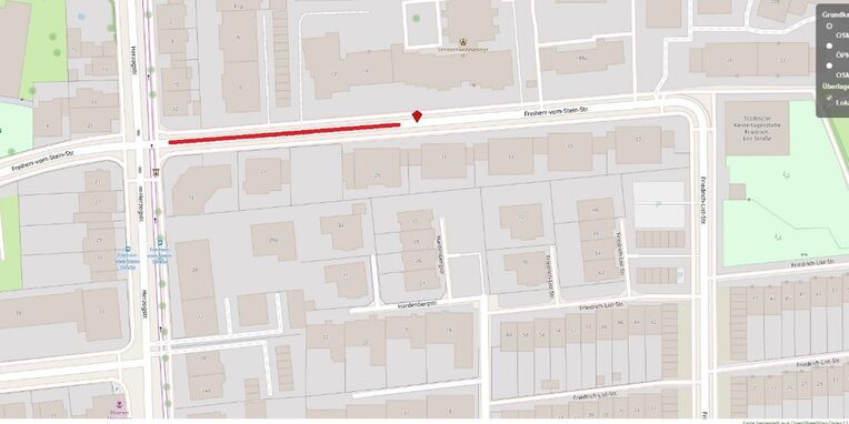 Sperrungen in der Freiherr-vom Stein-Straße, im Bereich zwischen der Herzogstraße und der Hausnummer 29 (rote Linie im Bild)