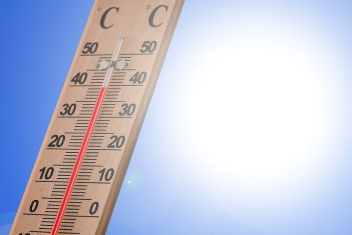 Auf einem Holzthermometer steigt die Flüssigkeitssäule auf fast 40 Grad