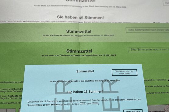 verschieden farbige Musterzettel in hellblau, grün, hellgrün und grau für die verschiedenen Wahlmöglichkeiten