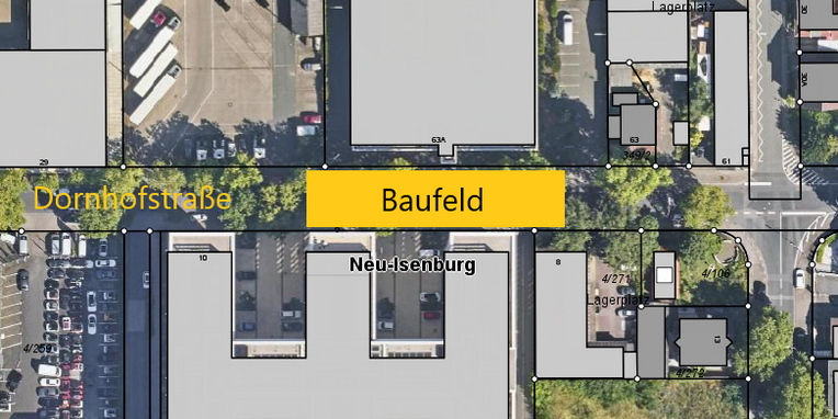 Luftbild Dornhofstraße mit gelber Kennzeichnung des Umbaus der Bushaltestelle