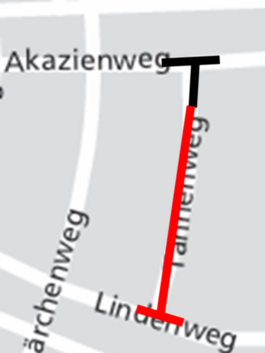 Sperrung Kreuzungsbereich Tannenweg (schwarze Markierung) und Haltverbotszone Kreuzungsbereich Lindenweg(rote Markierung)