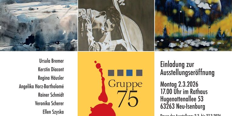Plakat der Kunstausstellung der GRUPPE 75 für das Jahr 2026 mit ausgewählten Bilder der teilnehmenden Künstler