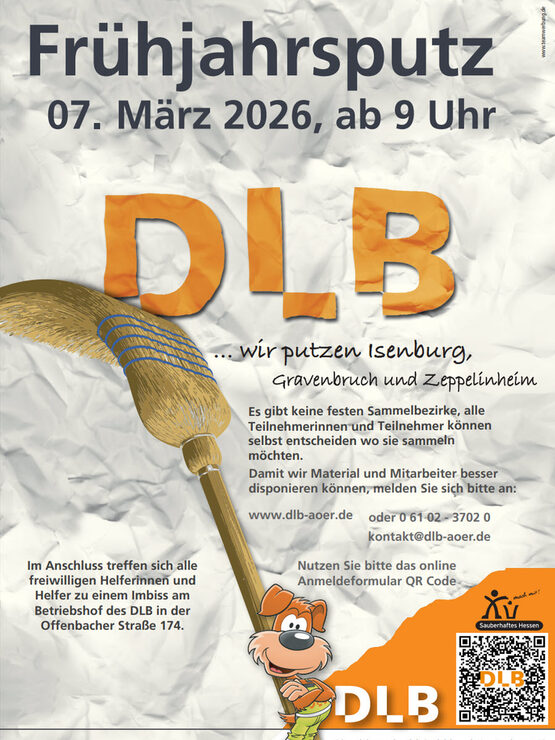 Plakat zum DLB Frühjahrsputz. Wir Putzen Neu-Isenburg am 07. März 2026 ab 9 Uhr