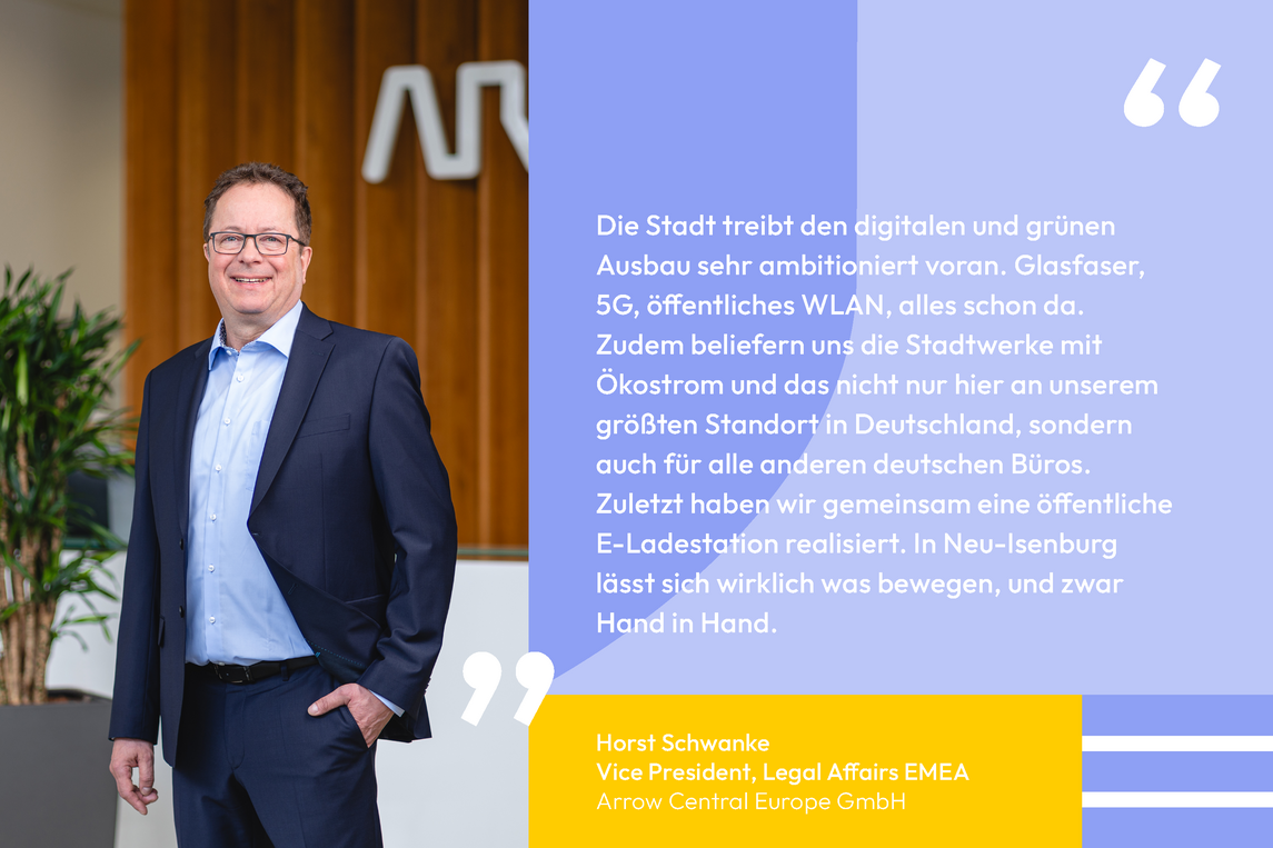 Zitat von Horst Schwanke Vice President, Legal Affairs EMEA Arrow Central Europe GmbH: Die Stadt treibt den digitalen und grünen Ausbau sehr ambitioniert voran. Glasfaser, 5G, öffentliches WLAN, alles schon da. Zudem beliefern uns die Stadtwerke mit Ökostrom und das nicht nur hier an unserem größten Standort in Deutschland, sondern auch für alle anderen deutschen Büros. Zuletzt haben wir gemeinsam eine öffentliche E-Ladestation realisiert. In Neu-Isenburg lässt sich wirklich was bewegen, und zwar Hand in Hand.